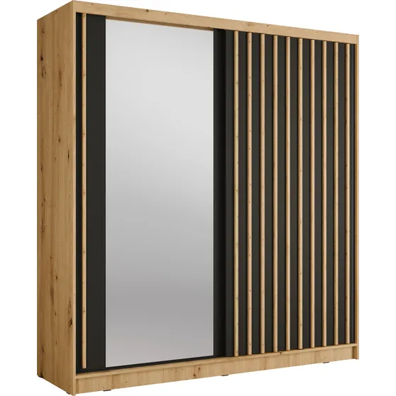 Szafa przesuwna 2D ALUNA z lustrem 200 cm Dąb Artisan / Czarny Onyx Podstawowe