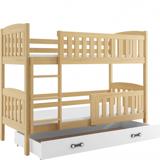 Łóżko piętrowe dziecięce KUBUŚ z materacami i szufladą Sosna Podstawowe (1)