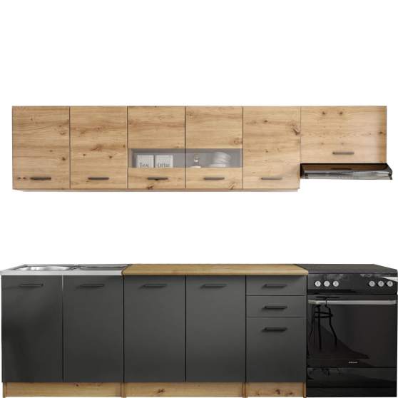 Zestaw mebli kuchennych 260 cm PERŁA Dąb Artisan / Ciemny Popiel Mat Podstawowe